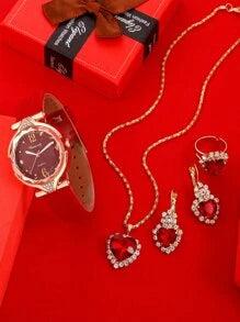 1pc Rhinestone Decor Round Pointer Quartz Watch & 4pcs Jewelry Set