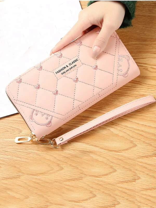 Geometric Quilted Heart Embroidery Long Wallet