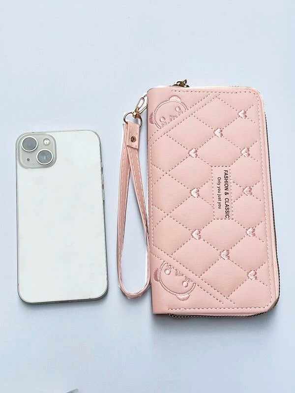 Geometric Quilted Heart Embroidery Long Wallet