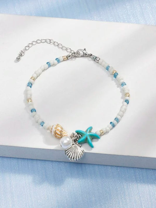 Shell Charm Starfish & Conch Decor Beaded Bracelet