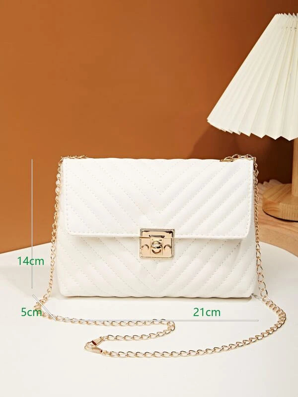 Chevron Detail Twist Lock Flap Chain Square Bag
