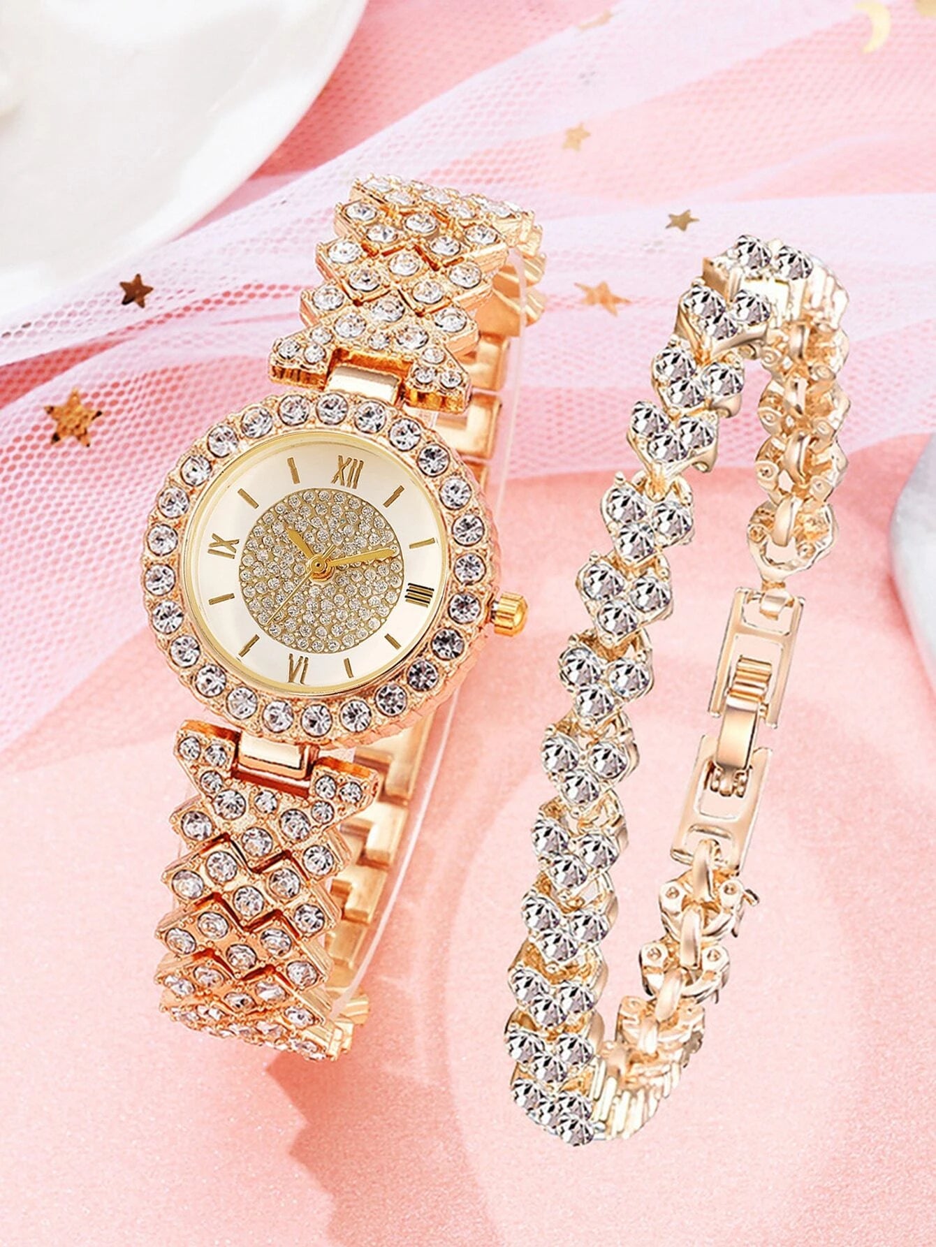 1pc Rhinestone Decor Quartz Watch & 1pc Bracelet