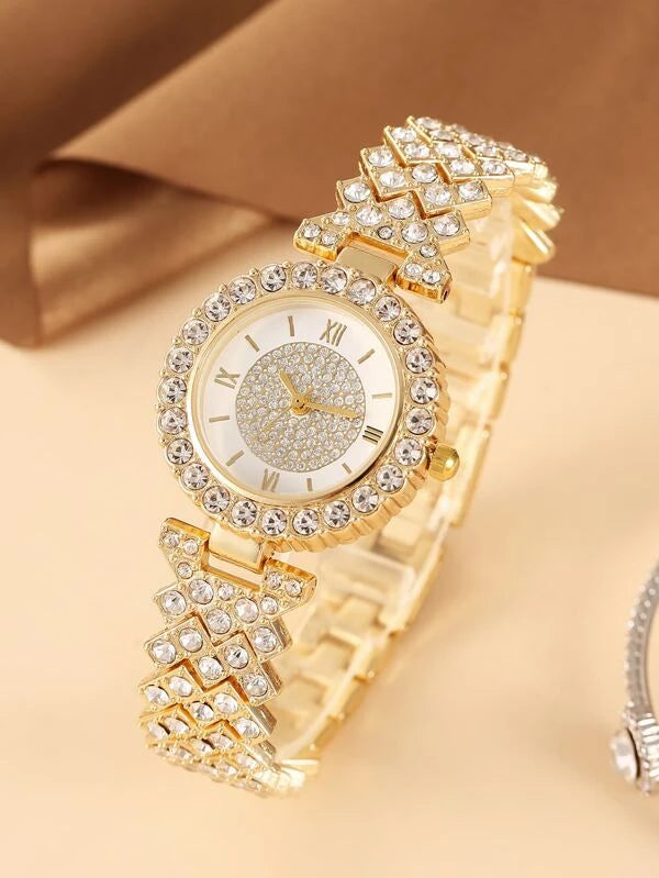 1pc Rhinestone Decor Quartz Watch & 1pc Bracelet