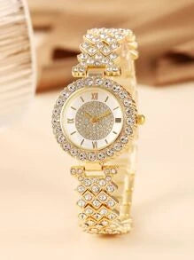 1pc Rhinestone Decor Quartz Watch & 1pc Bracelet