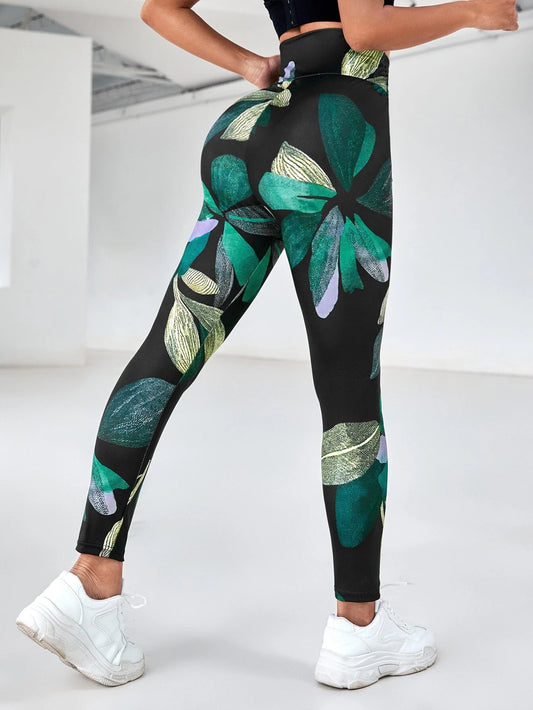 Tropical Print szélessávú derék sport leggings