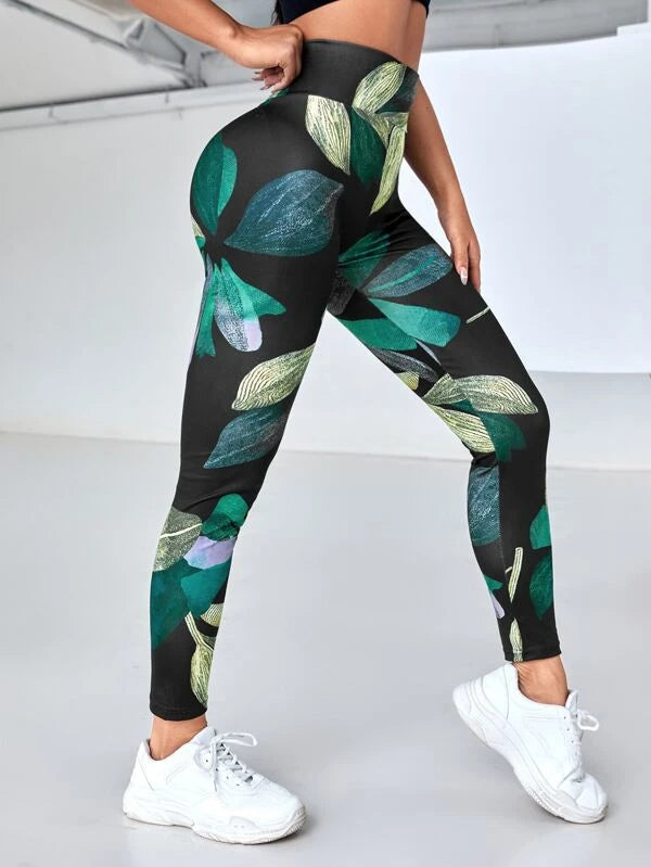 Tropical Print szélessávú derék sport leggings