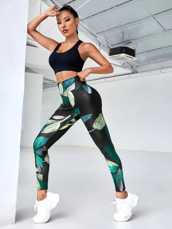 Tropical Print szélessávú derék sport leggings