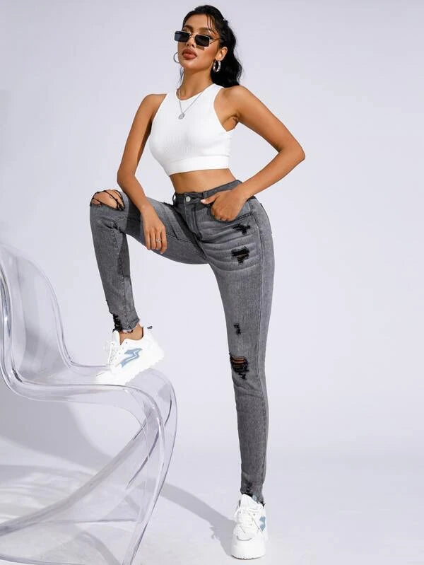 Ripped Frayed Hem Skinny Jeans88