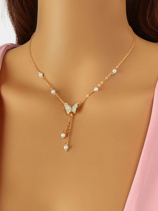 Rhinestone Butterfly & Faux Pearl Charm Y Lariat Necklace