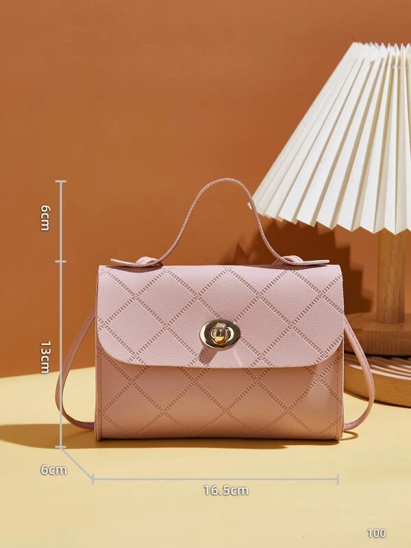Mini Minimalist Embossed Twist Lock Satchel Bag Rhombus Square Handbag, Women's Stylish Twist Lock Crossbody Bag 678