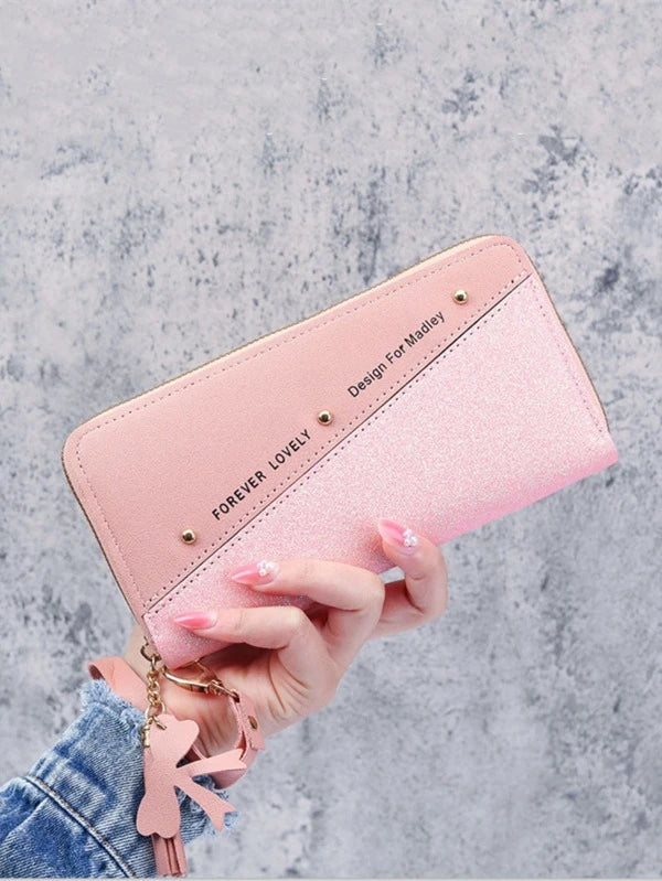 Studded & Tassel Decor Glitter Long Wallet