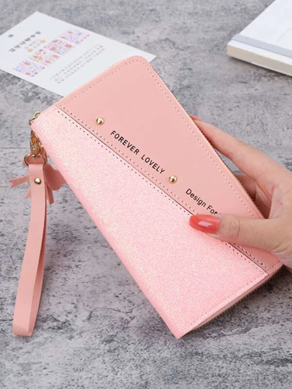 Studded & Tassel Decor Glitter Long Wallet