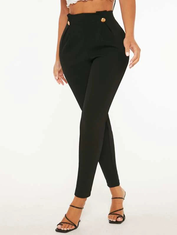 High Waist Fake Button Skinny Pants (BLACK/ GREEN/ BURGUNDY/ PURPLE)