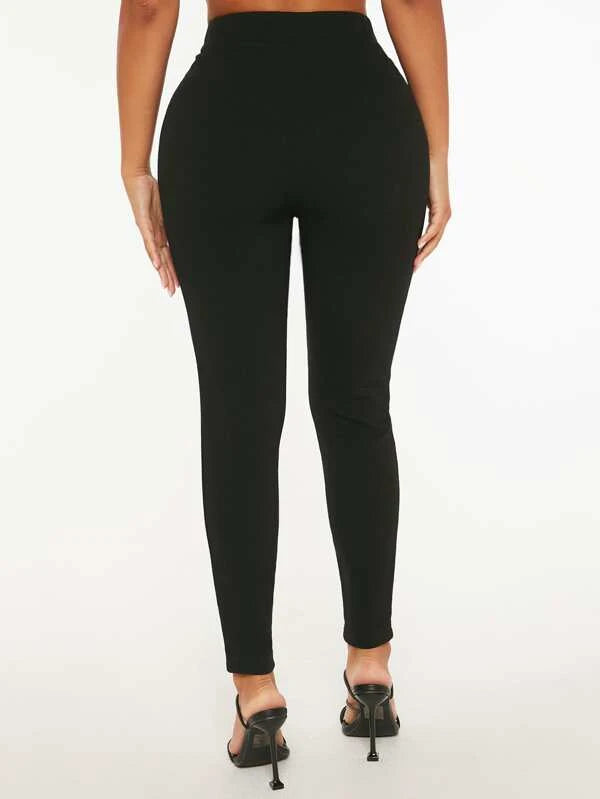 High Waist Fake Button Skinny Pants (BLACK/ GREEN/ BURGUNDY/ PURPLE)