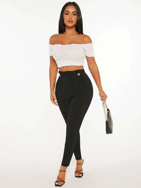 High Waist Fake Button Skinny Pants (BLACK/ GREEN/ BURGUNDY/ PURPLE)