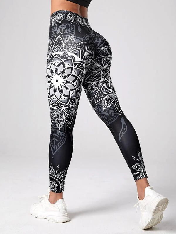 Mandala Print Wideband Waist Sports Leggings