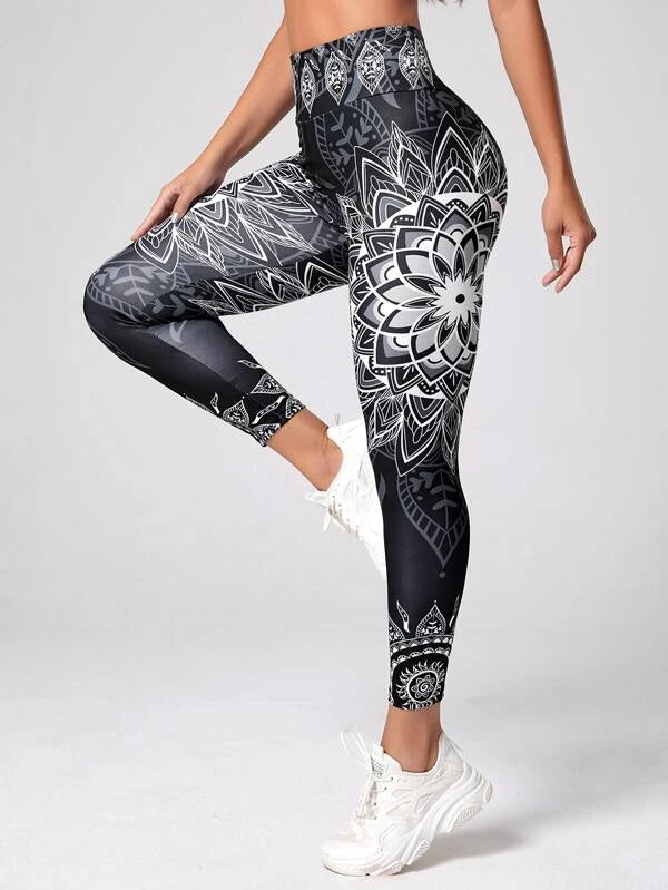Mandala Print Wideband Waist Sports Leggings