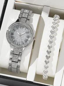 1pc Rhinestone Decor Round Pointer Quartz Watch & 1pc Bracelet