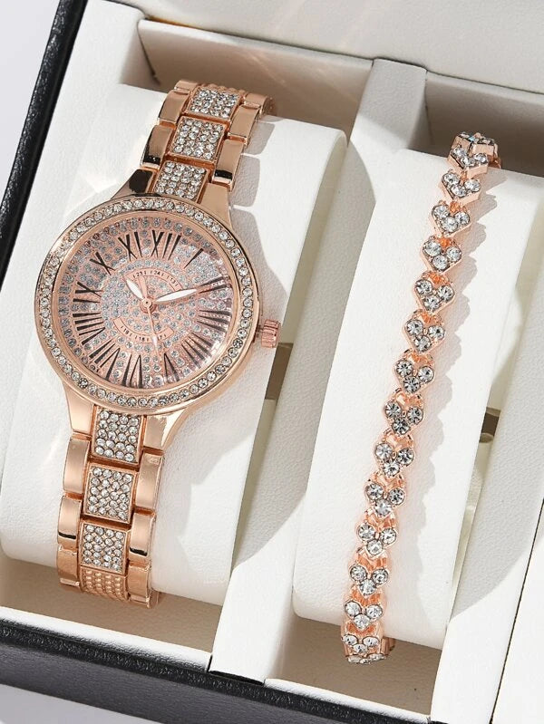 1pc Rhinestone Decor Quartz Watch & 1pc Bracelet