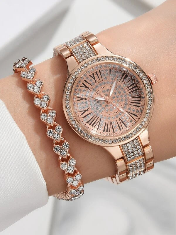 1pc Rhinestone Decor Quartz Watch & 1pc Bracelet