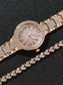 1pc Rhinestone Decor Quartz Watch & 1pc Bracelet