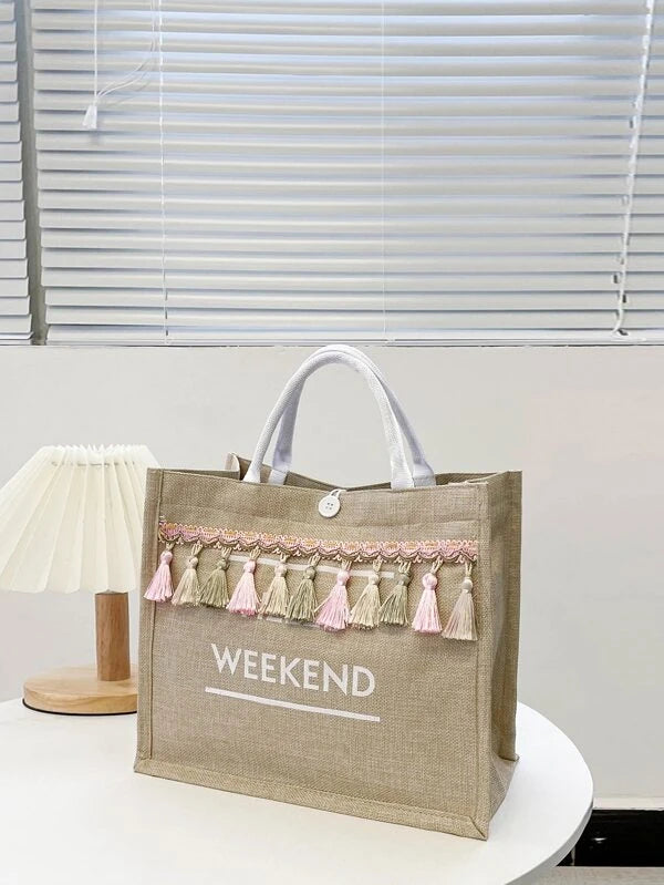 Tassel Decor Letter Graphic Tote Bag