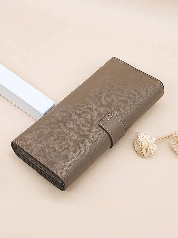 Litchi Embossed Snap Button Long Wallet