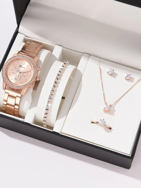 1pc Rhinestone Decor Quartz Watch & 5pcs Jewelry Set