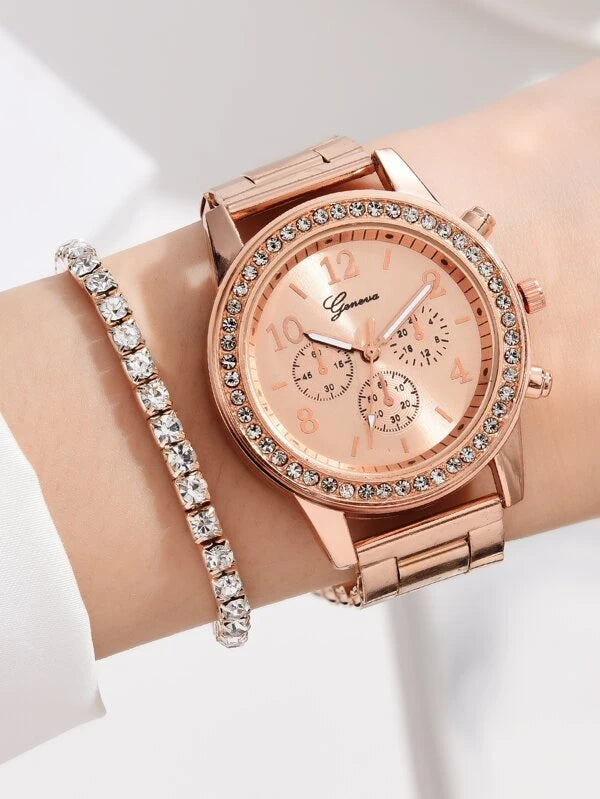 1pc Rhinestone Decor Quartz Watch & 5pcs Jewelry Set