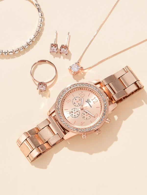 1pc Rhinestone Decor Quartz Watch & 5pcs Jewelry Set