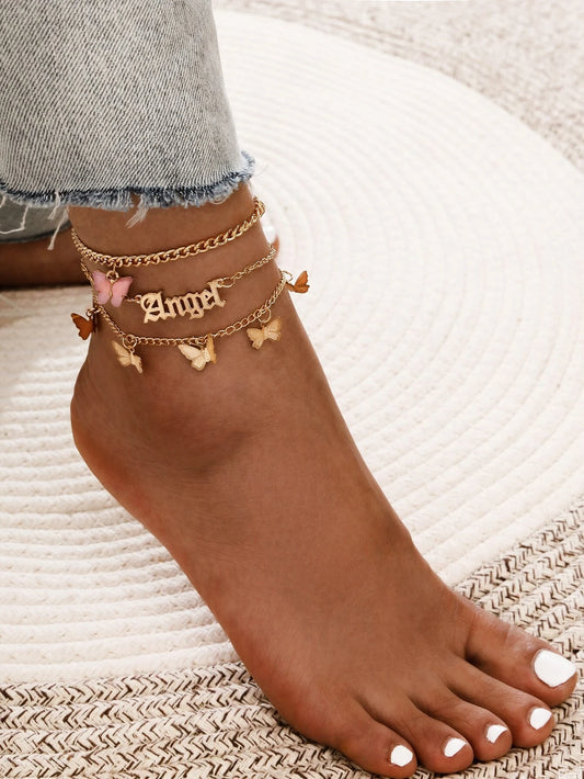 3pcs Letter & Butterfly Decor Anklet