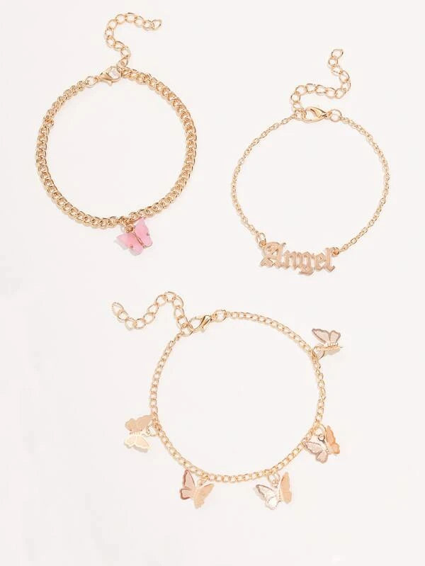 3pcs Letter & Butterfly Decor Anklet