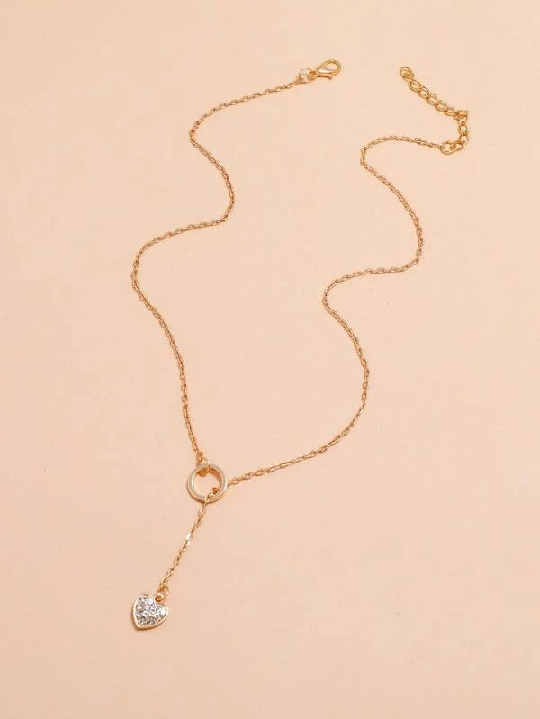 Rhinestone Heart Charm Y Lariat Necklace