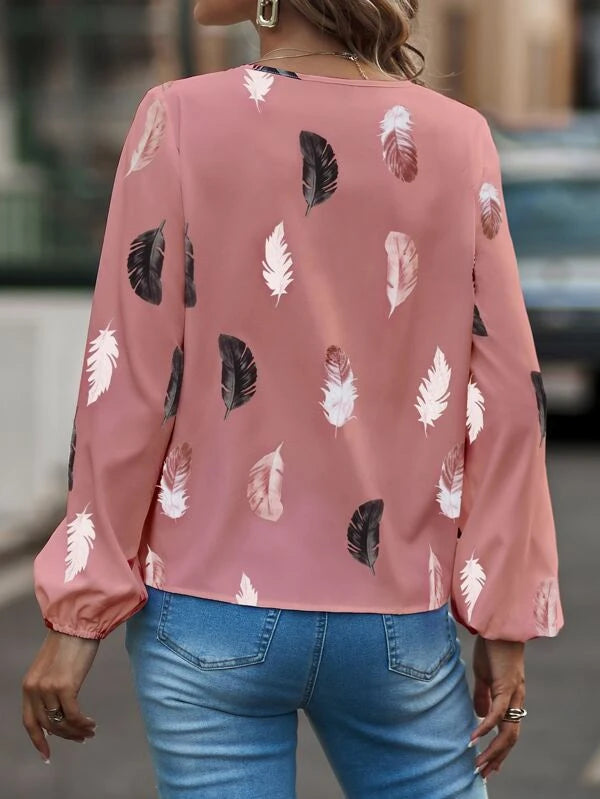Feather Print Notched Neck Bishop Sleeve Blouse