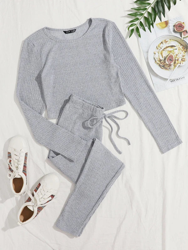 EZwear Rib-knit Top & Knot Waist Leggings Set