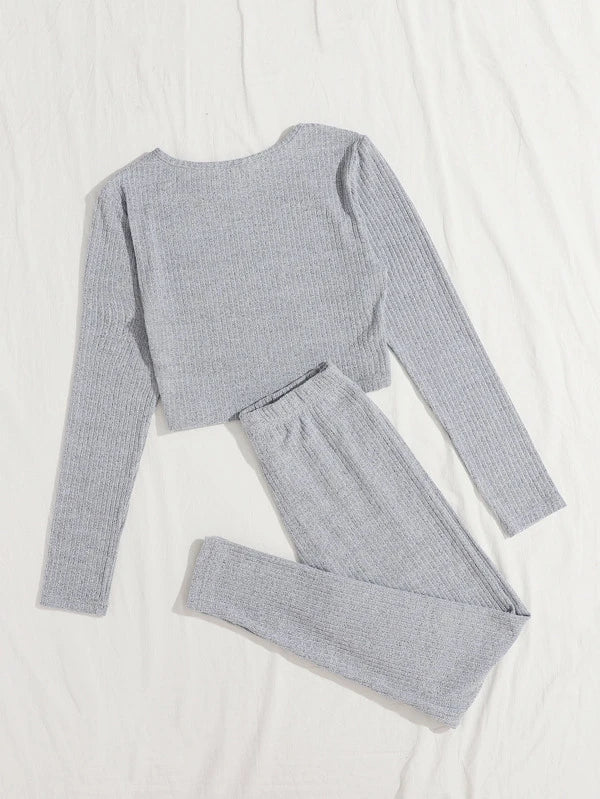 EZwear Rib-knit Top & Knot Waist Leggings Set