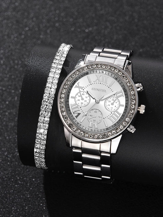 1pc Rhinestone Decor Quartz Watch & 1pc Bracelet