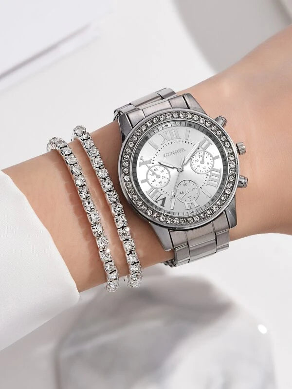 1pc Rhinestone Decor Quartz Watch & 1pc Bracelet