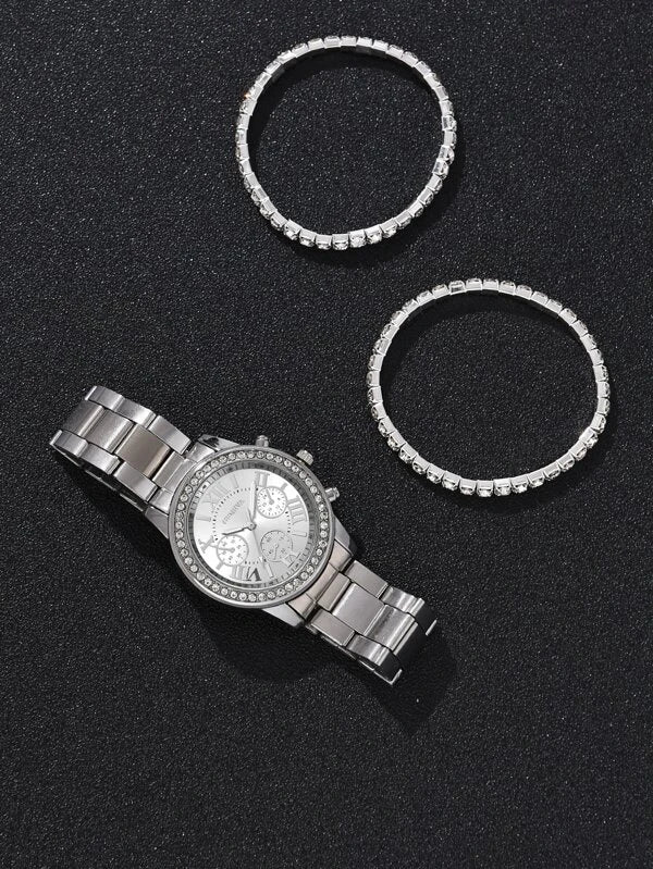 1pc Rhinestone Decor Quartz Watch & 1pc Bracelet