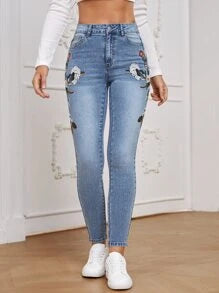 Floral Embroidery Skinny Jeans77