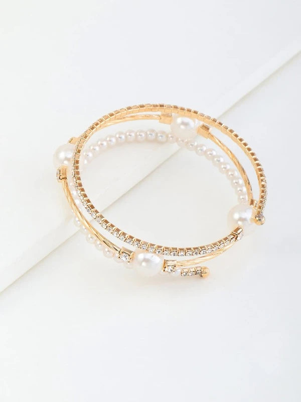 Rhinestone & Faux Pearl Decor Bangle
