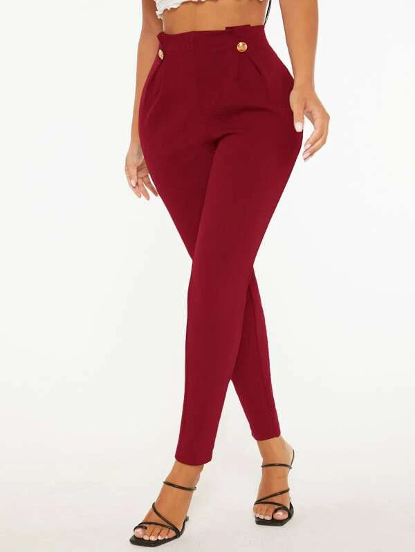 High Waist Fake Button Skinny Pants (BLACK/ GREEN/ BURGUNDY/ PURPLE)