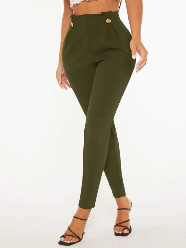 High Waist Fake Button Skinny Pants (BLACK/ GREEN/ BURGUNDY/ PURPLE)