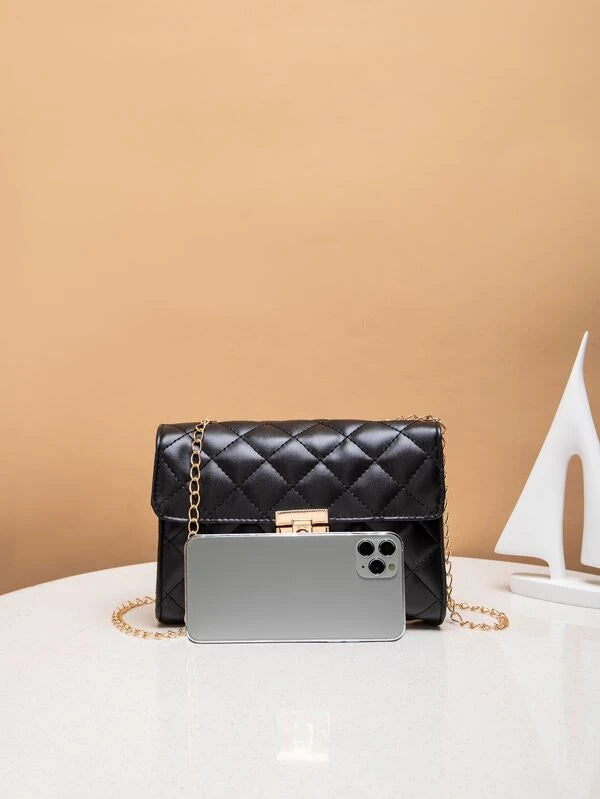 Mini Quilted Chain Flap Square Bag (14x20cm) 665 BLACK/WHITE