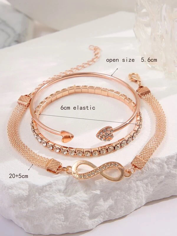 3pcs Rhinestone Heart Decor Bracelet
