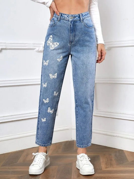 Butterfly Print Straight Leg Jeans77