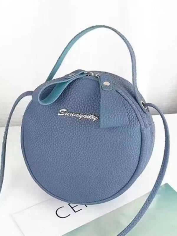 Mini Litchi Embossed Letter Decor Circle Bag