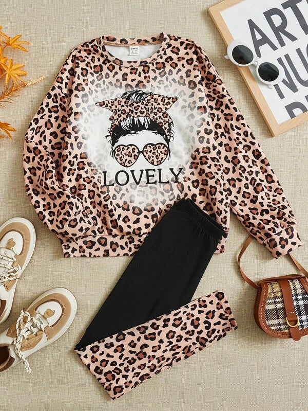 SHEIN Girls Figure And Leopard Print Pullover & Leggings