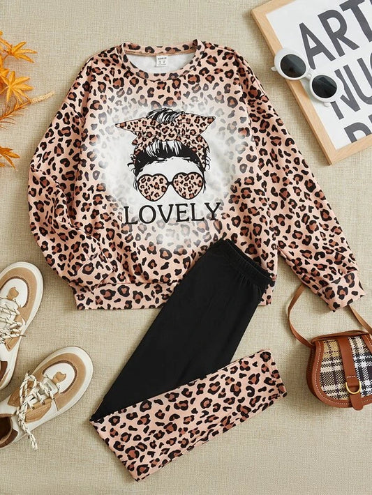 SHEIN Girls Figure And Leopard Print Pullover & Leggings