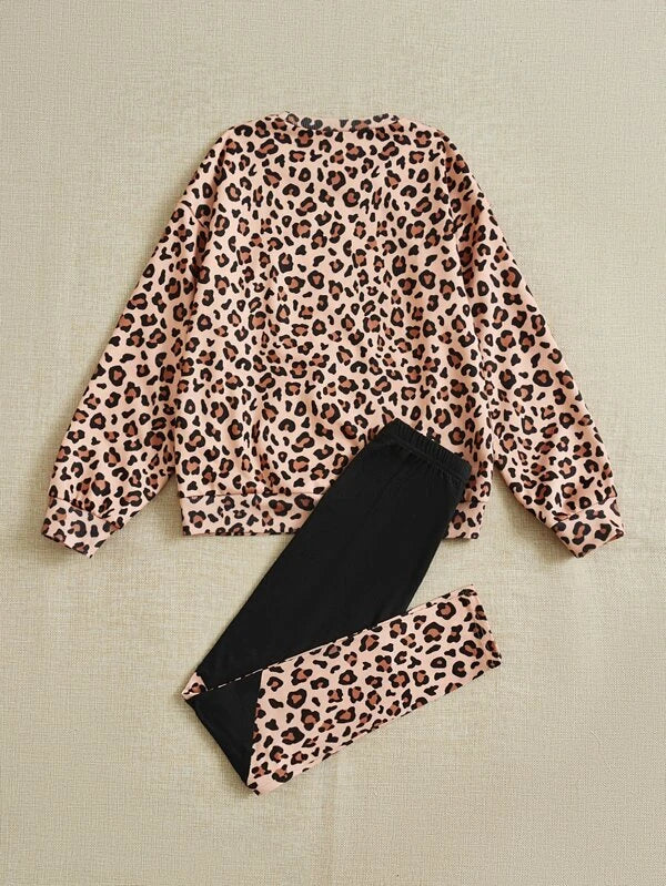 SHEIN Girls Figure And Leopard Print Pullover & Leggings